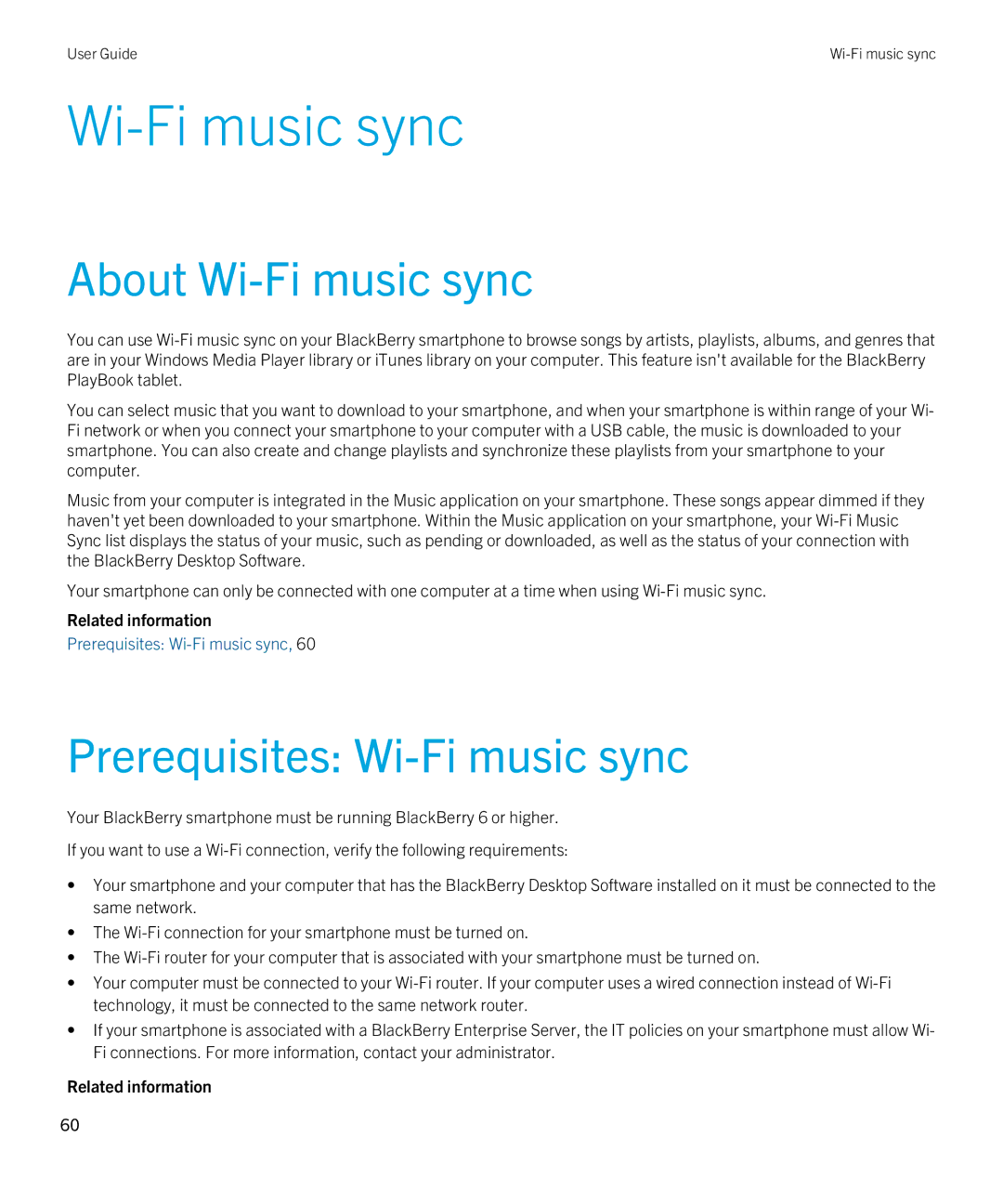 Blackberry 7.1 manual About Wi-Fi music sync, Prerequisites Wi-Fi music sync 