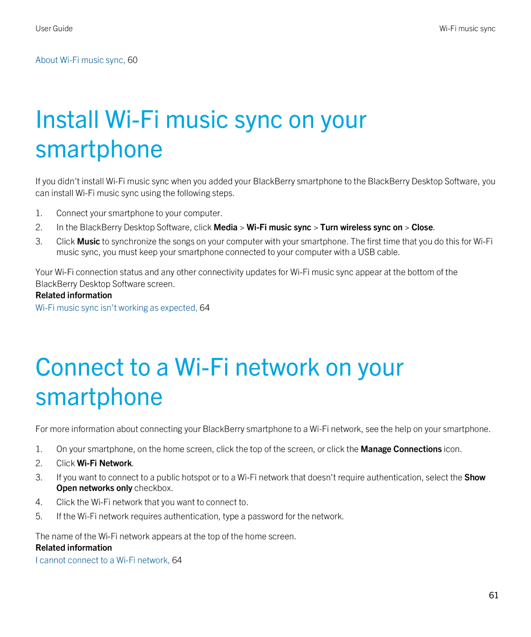 Blackberry 7.1 manual Install Wi-Fi music sync on your smartphone, Connect to a Wi-Fi network on your smartphone 