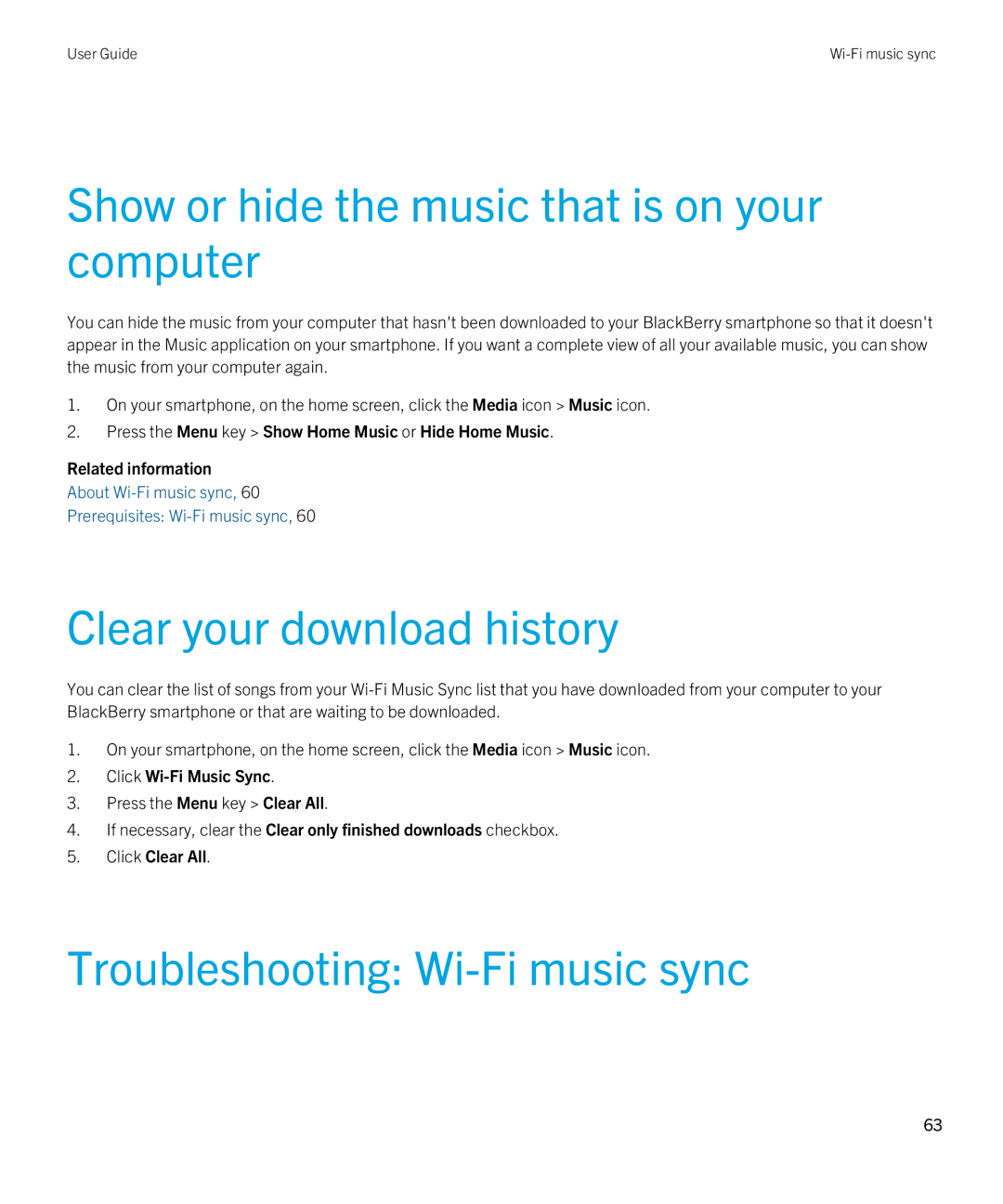 Blackberry 7.1 manual Show or hide the music that is on your computer, Clear your download history, Click Wi-Fi Music Sync 