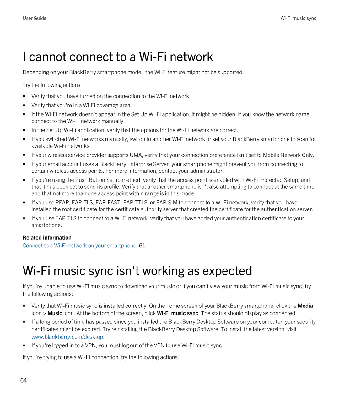 Blackberry 7.1 manual Cannot connect to a Wi-Fi network, Wi-Fi music sync isnt working as expected 