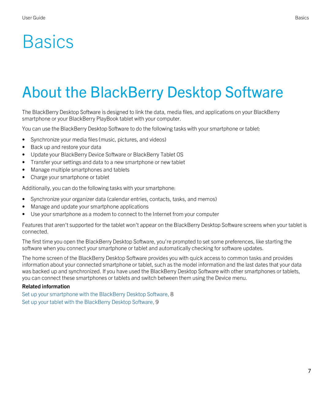 Blackberry 7.1 manual Basics, About the BlackBerry Desktop Software, Related information 