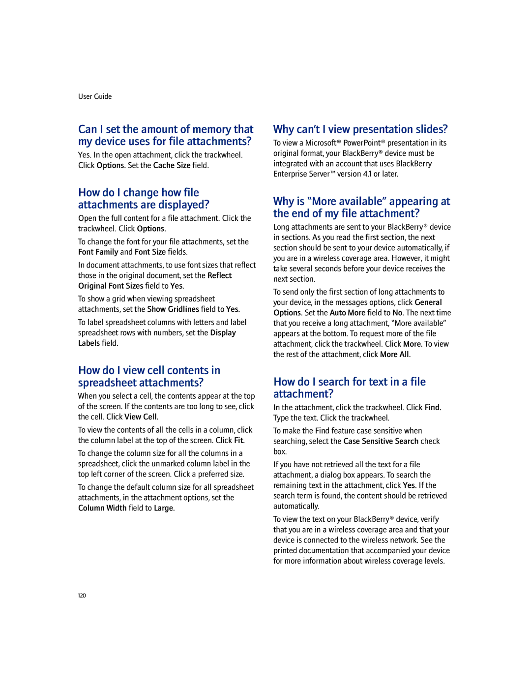 Blackberry 7100I manual Why can’t I view presentation slides?, How do I search for text in a file attachment? 