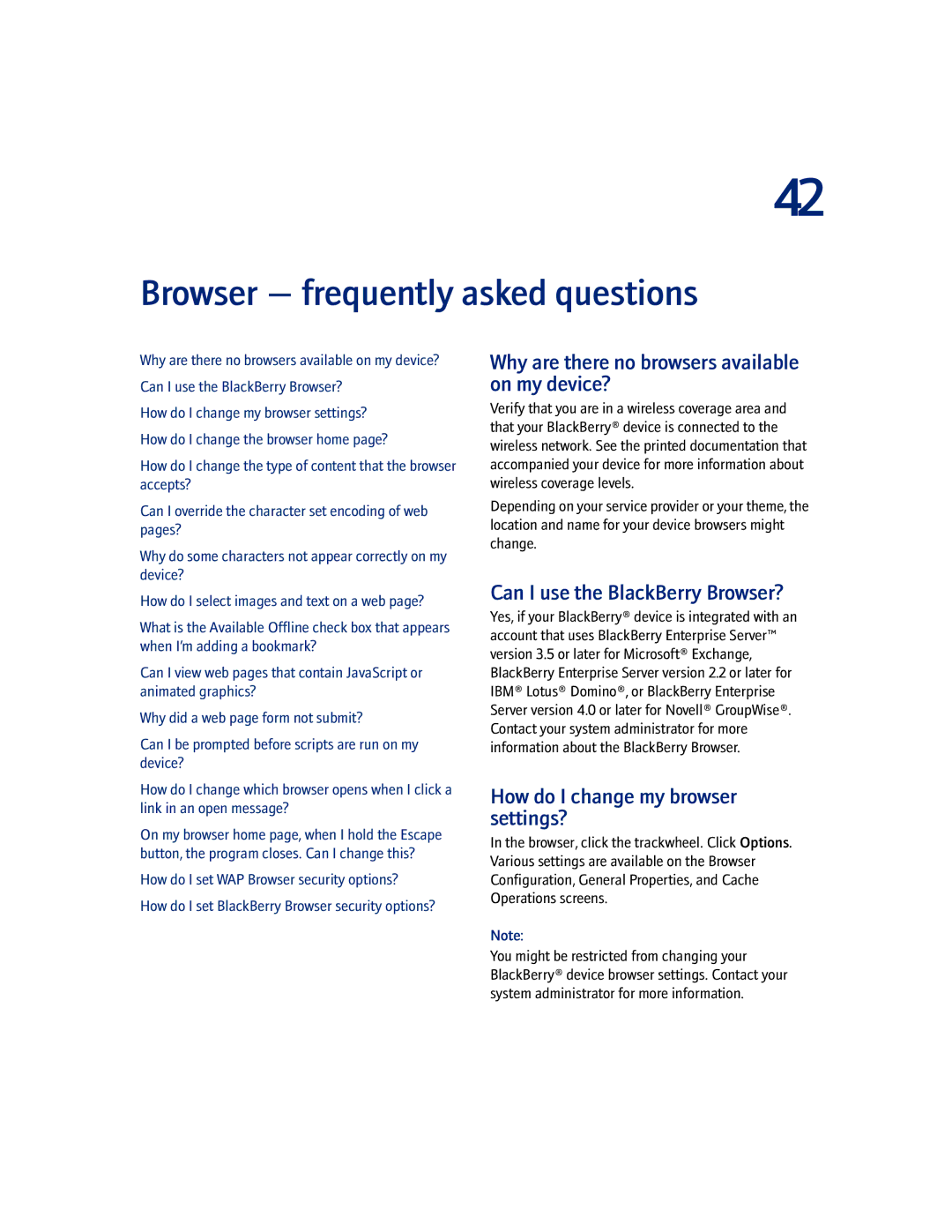 Blackberry 7100I manual Browser frequently asked questions, Why are there no browsers available on my device? 