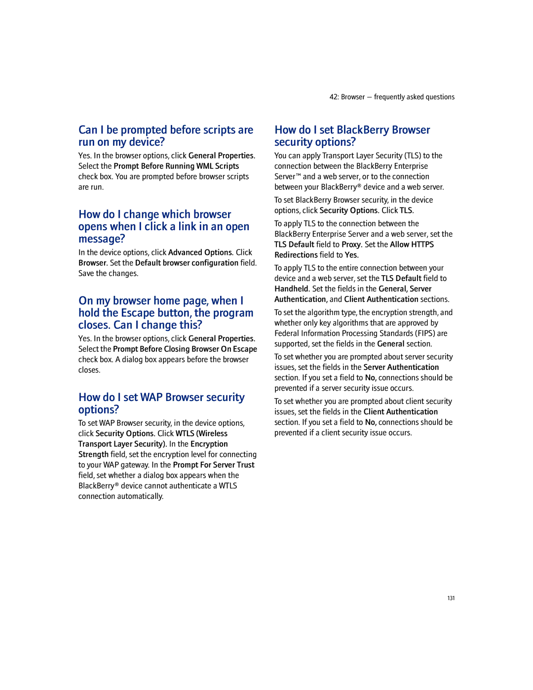 Blackberry 7100I manual Can I be prompted before scripts are run on my device?, How do I set WAP Browser security options? 