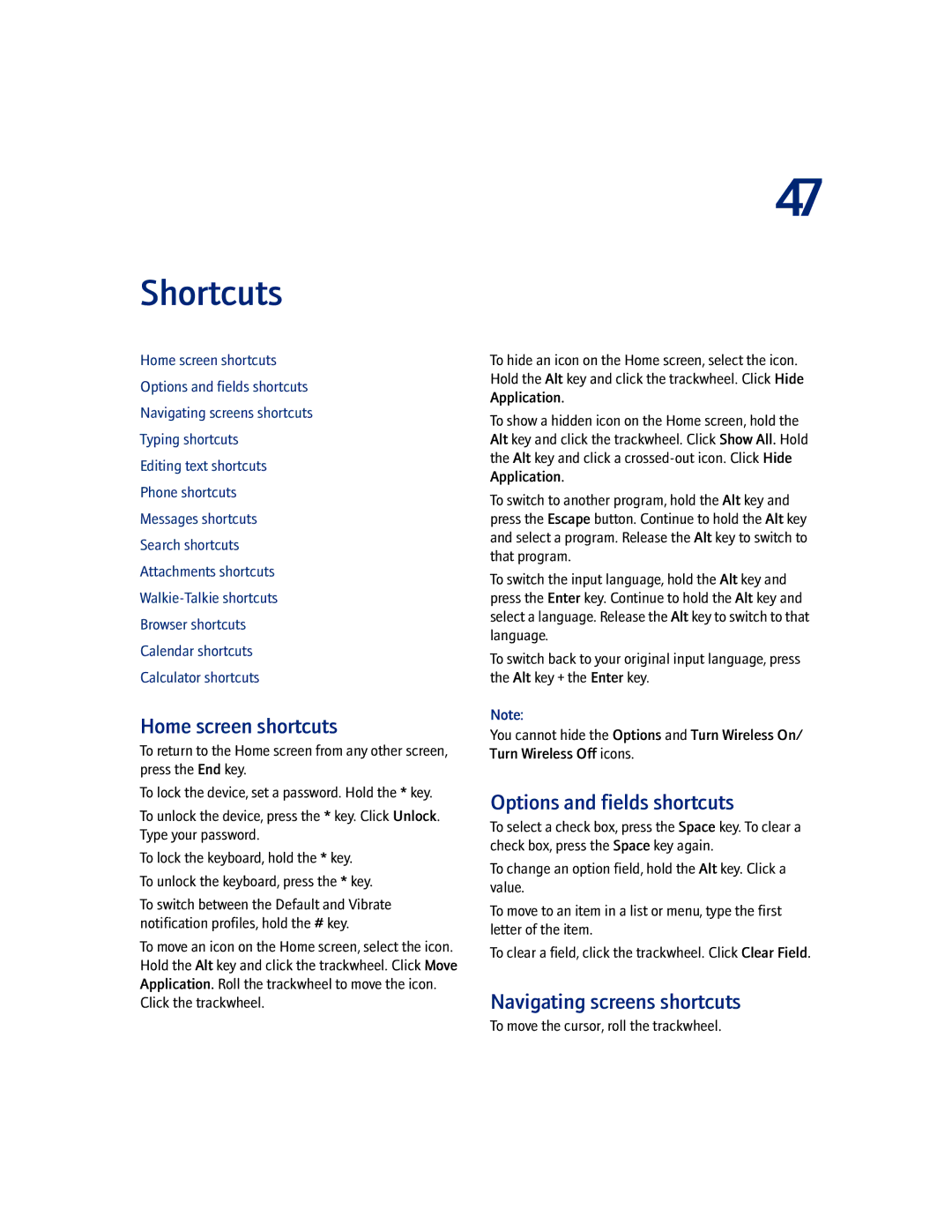 Blackberry 7100I manual Shortcuts, Home screen shortcuts, Options and fields shortcuts, Navigating screens shortcuts 