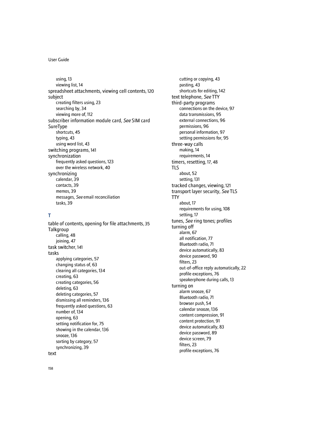 Blackberry 7100I Spreadsheet attachments, viewing cell contents, 120 subject, Switching programs, 141 synchronization 