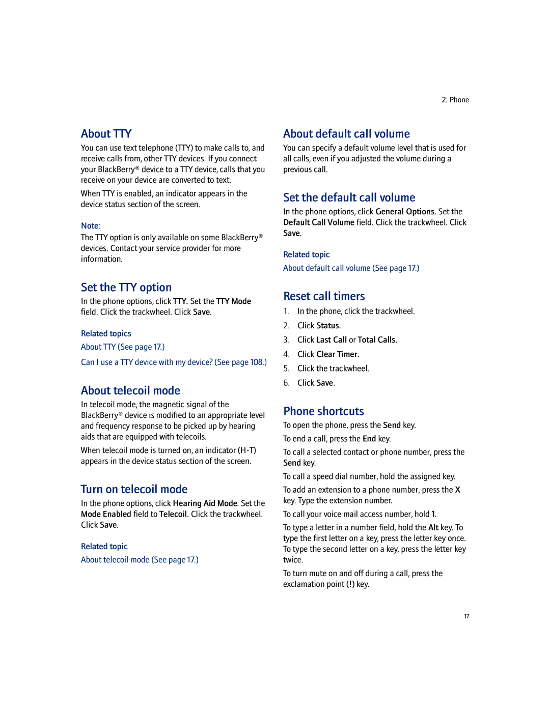 Blackberry 7100I About TTY, About default call volume, Set the default call volume, Set the TTY option, Reset call timers 