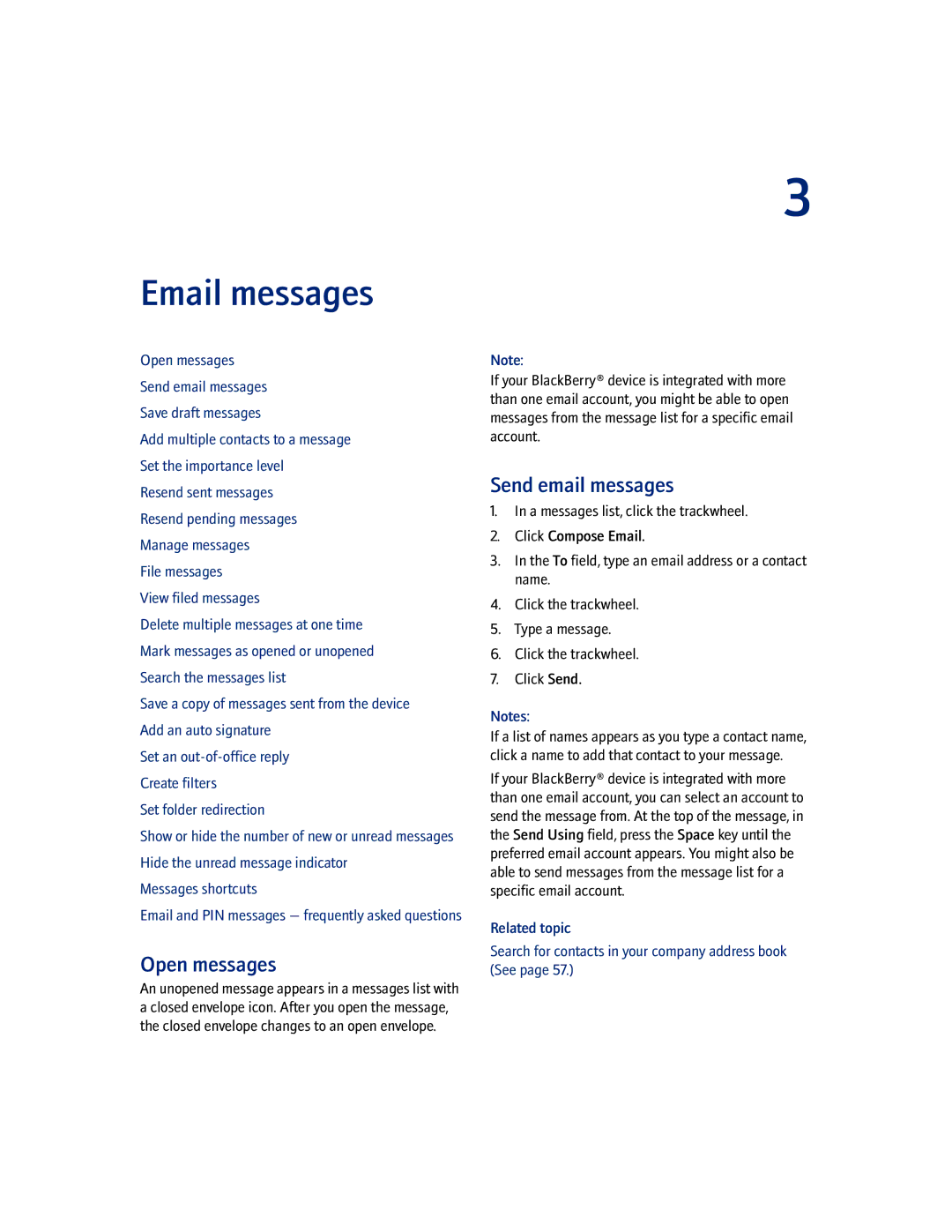 Blackberry 7100I manual Email messages, Open messages, Send email messages 