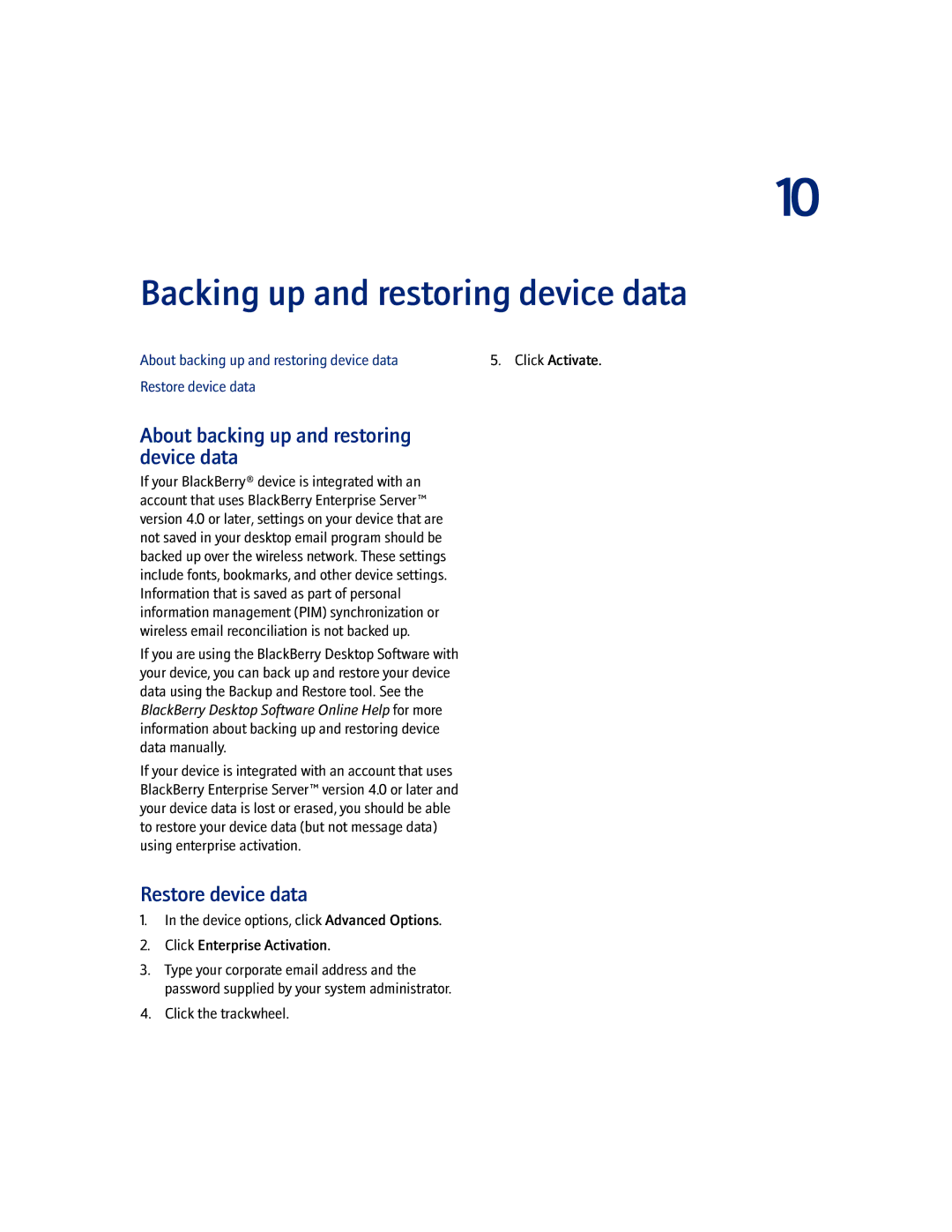 Blackberry 7100I Backing up and restoring device data, About backing up and restoring device data, Restore device data 