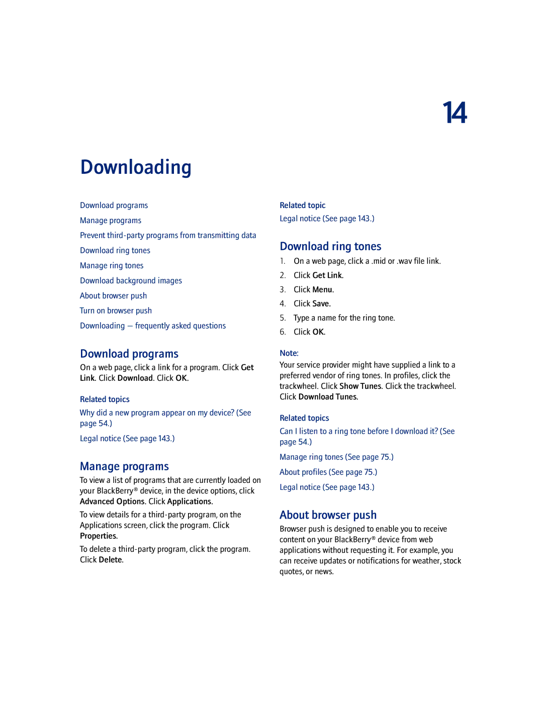 Blackberry 7100I manual Downloading, Download programs, Manage programs, Download ring tones, About browser push 