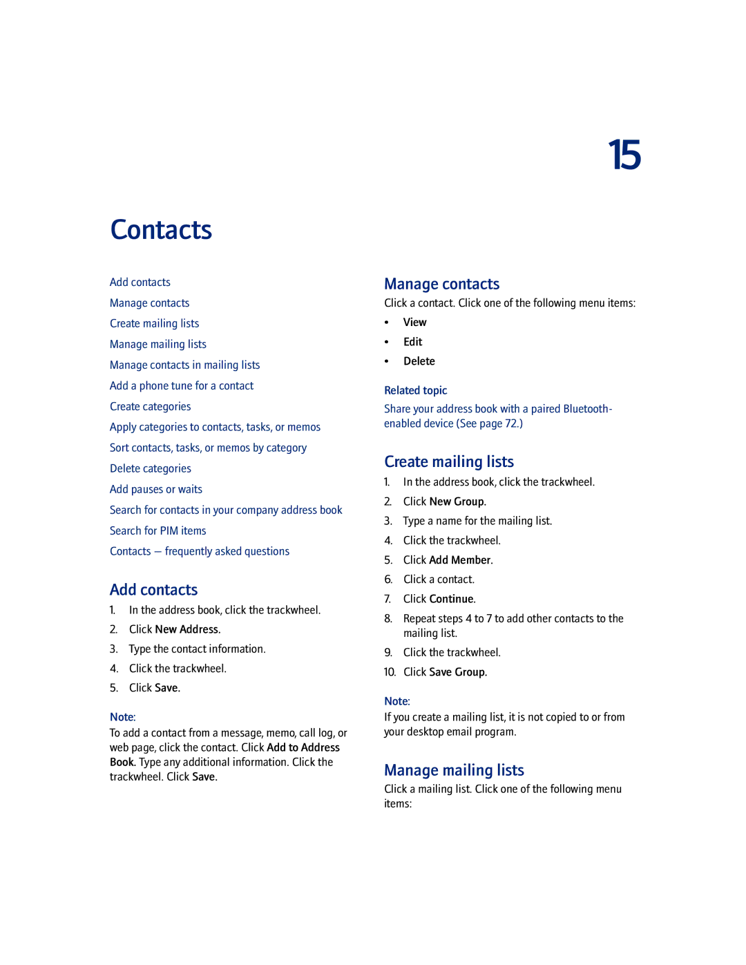 Blackberry 7100I manual Contacts, Add contacts, Manage contacts, Create mailing lists, Manage mailing lists 