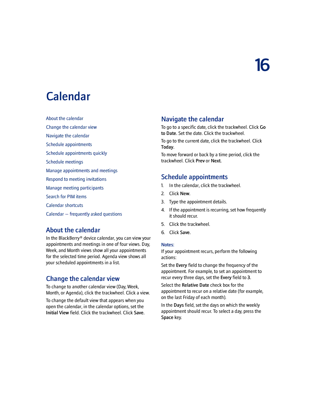 Blackberry 7100I Calendar, About the calendar, Change the calendar view, Navigate the calendar, Schedule appointments 