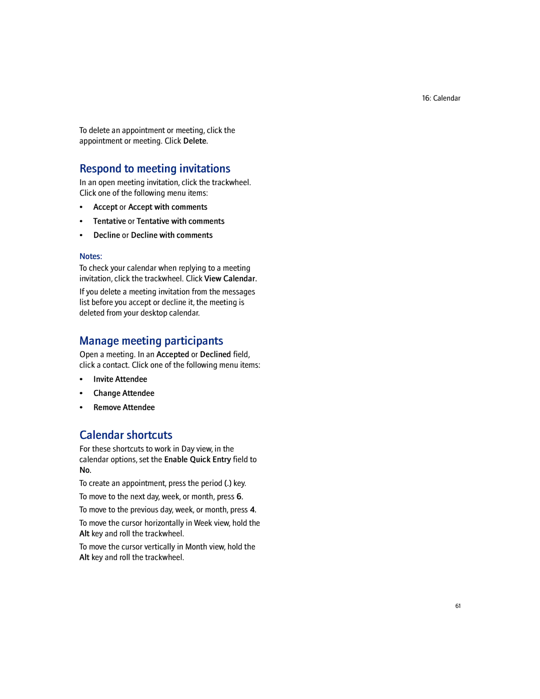 Blackberry 7100I manual Respond to meeting invitations, Manage meeting participants, Calendar shortcuts 