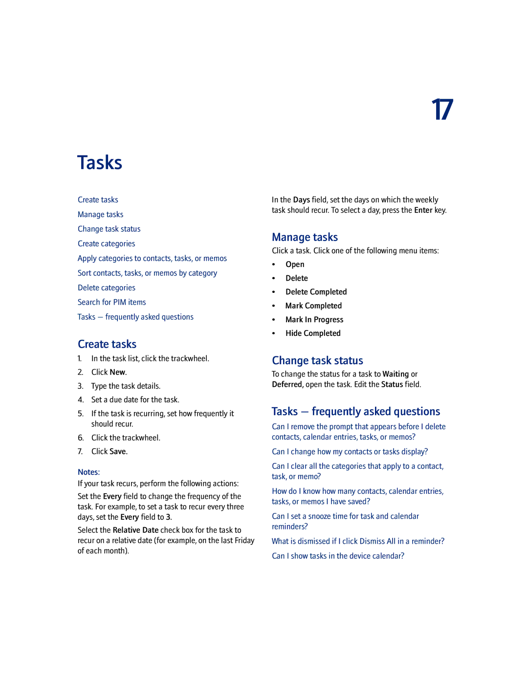 Blackberry 7100I manual Create tasks, Manage tasks, Change task status, Tasks frequently asked questions 