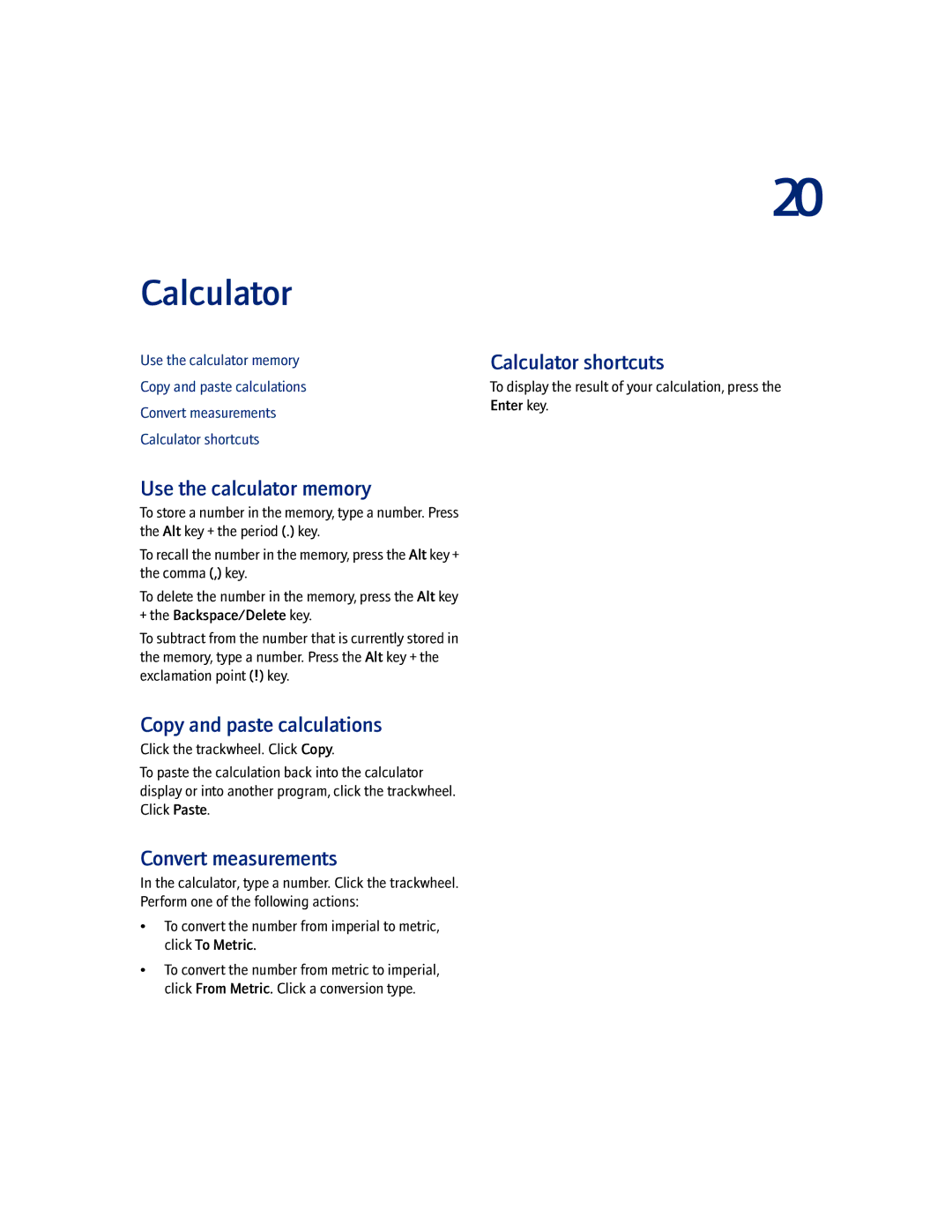 Blackberry 7100I manual Calculator, Use the calculator memory, Copy and paste calculations, Convert measurements 