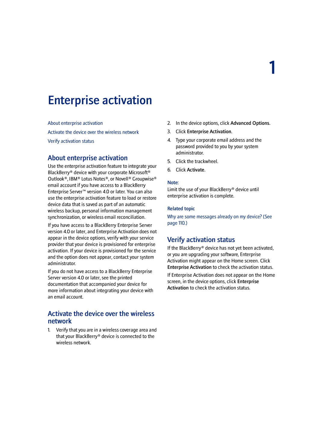 Blackberry 7100I manual Enterprise activation, About enterprise activation, Activate the device over the wireless network 