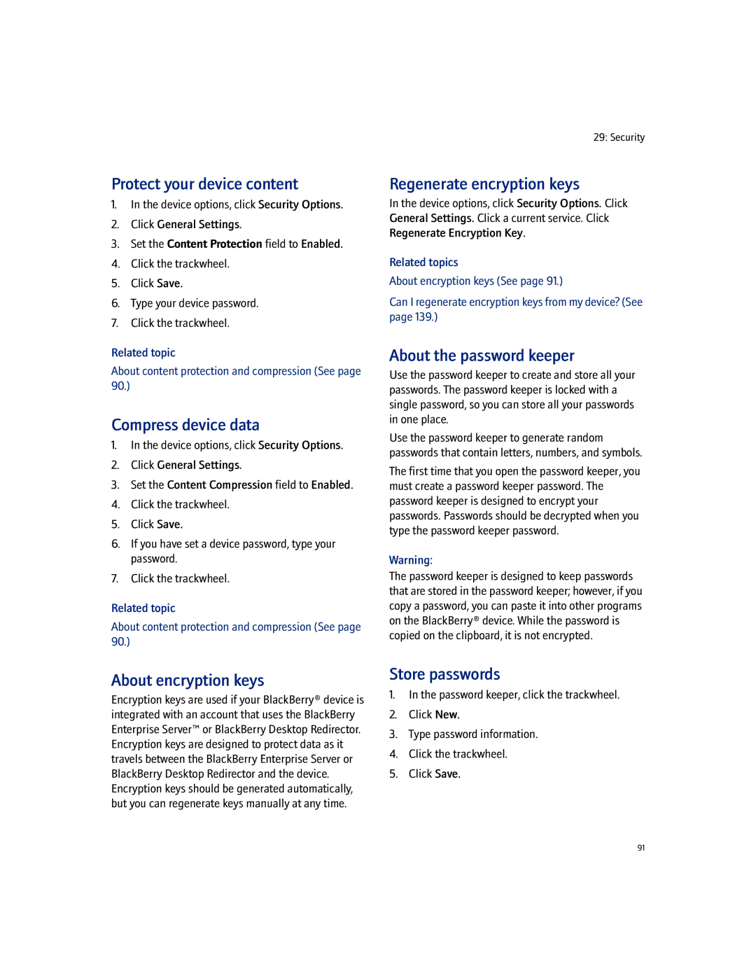 Blackberry 7100I Protect your device content, Compress device data, Regenerate encryption keys, About the password keeper 