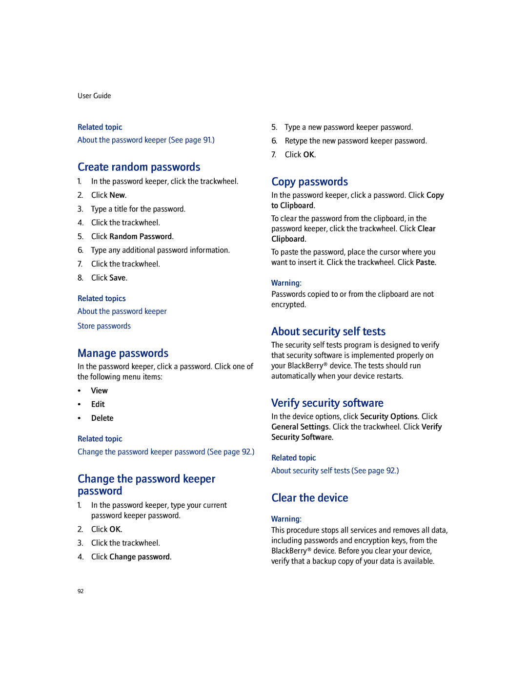 Blackberry 7100I manual Create random passwords, Manage passwords, Change the password keeper password, Copy passwords 