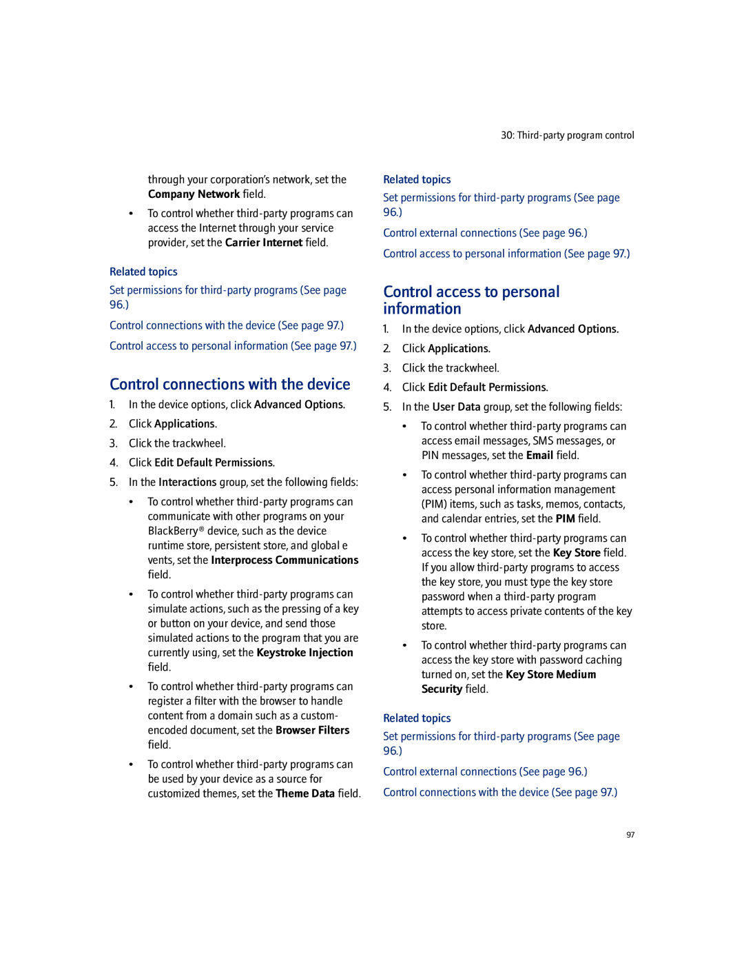 Blackberry 7100I manual Control connections with the device, Control access to personal information 