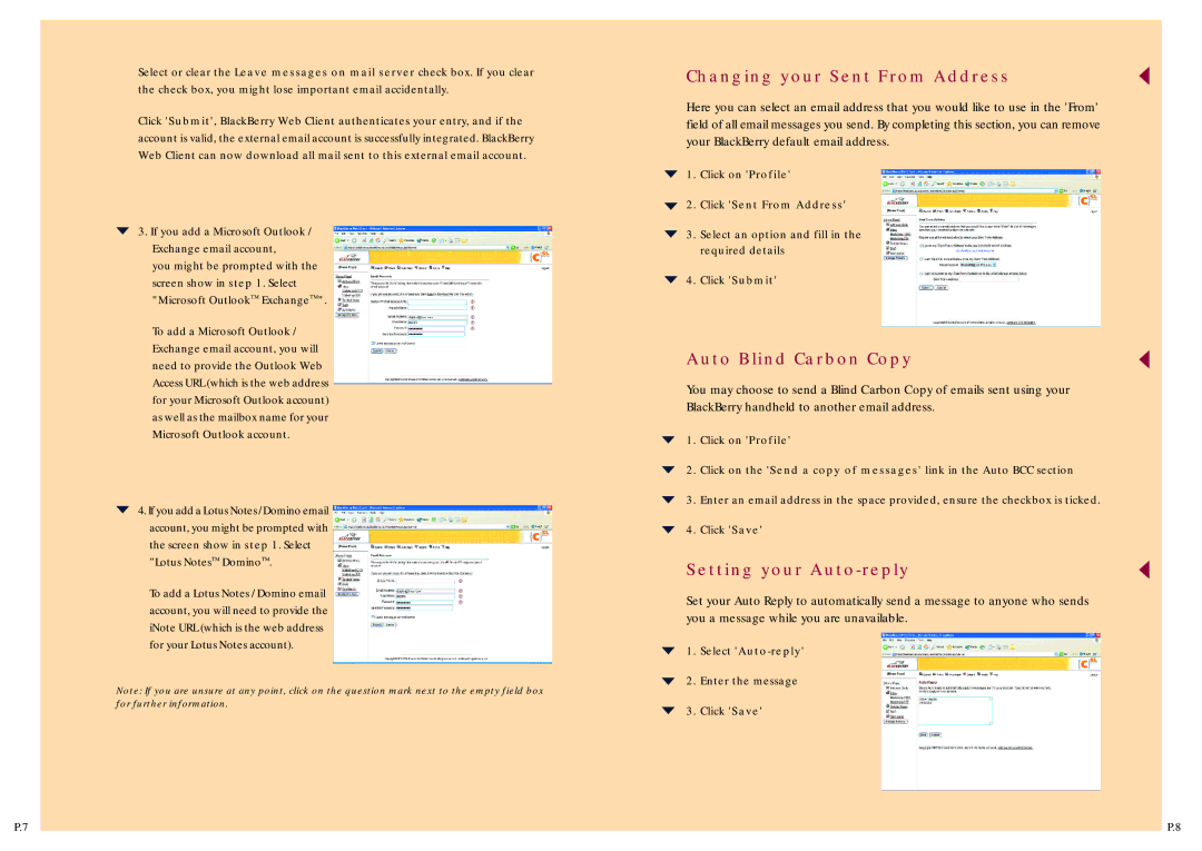 Blackberry 7730 manual Changing your Sent From Address, Auto Blind Carbon Copy, Setting your Auto-reply 