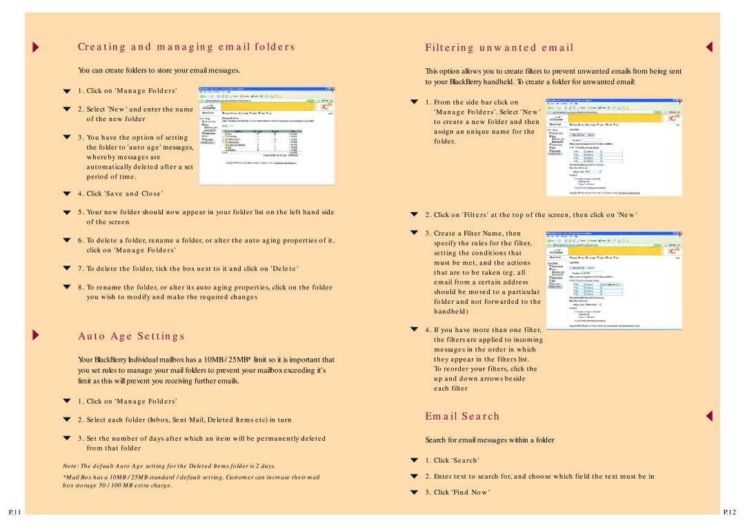 Blackberry 7730 manual Creating and managing email folders, Auto Age Settings, Filtering unwanted email, Email Search 