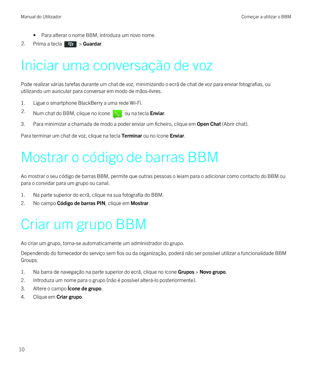 Blackberry 8 manual do utilizador Iniciar uma conversação de voz, Mostrar o código de barras BBM, Criar um grupo BBM 