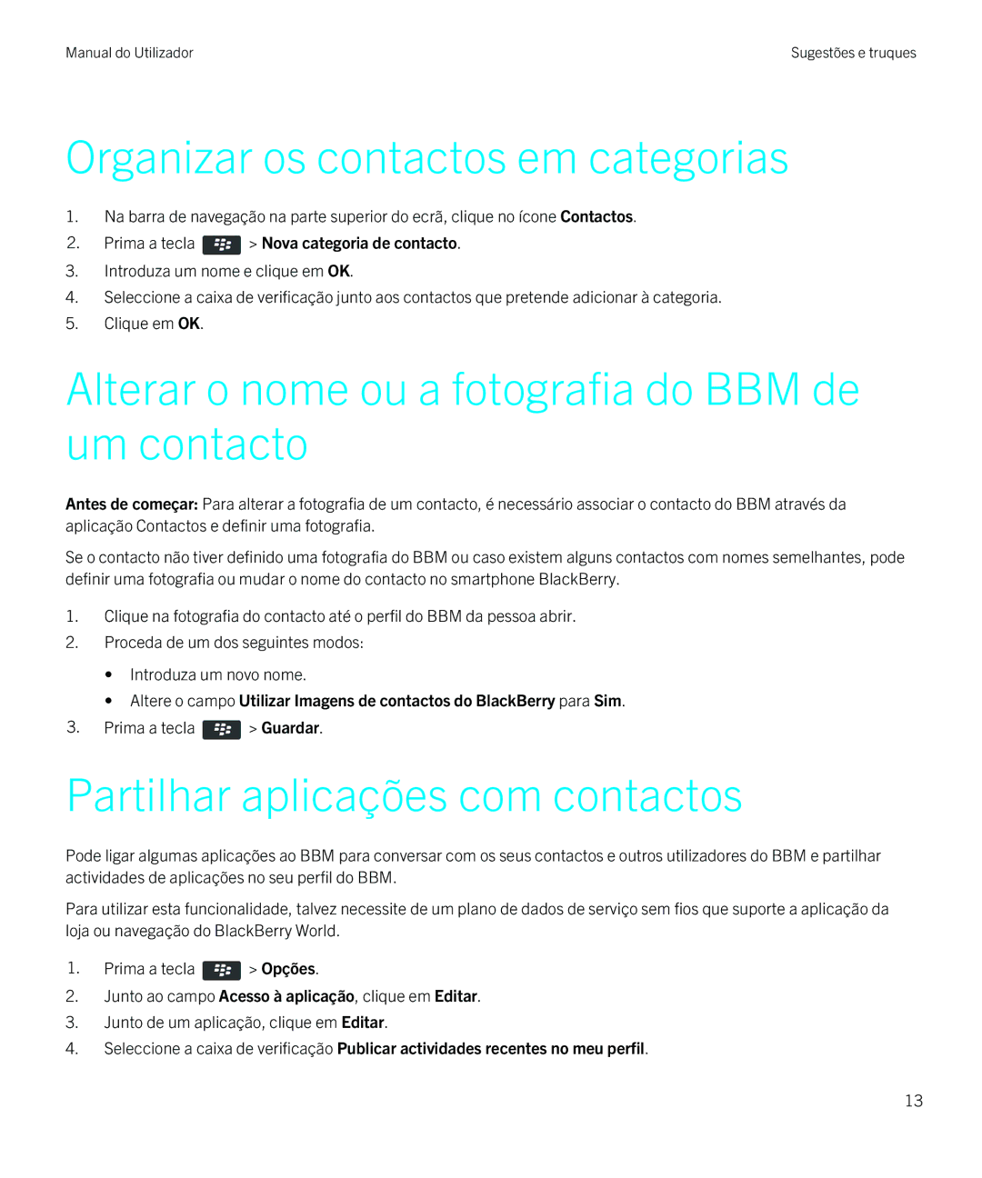 Blackberry 8 Organizar os contactos em categorias, Alterar o nome ou a fotografia do BBM de um contacto 