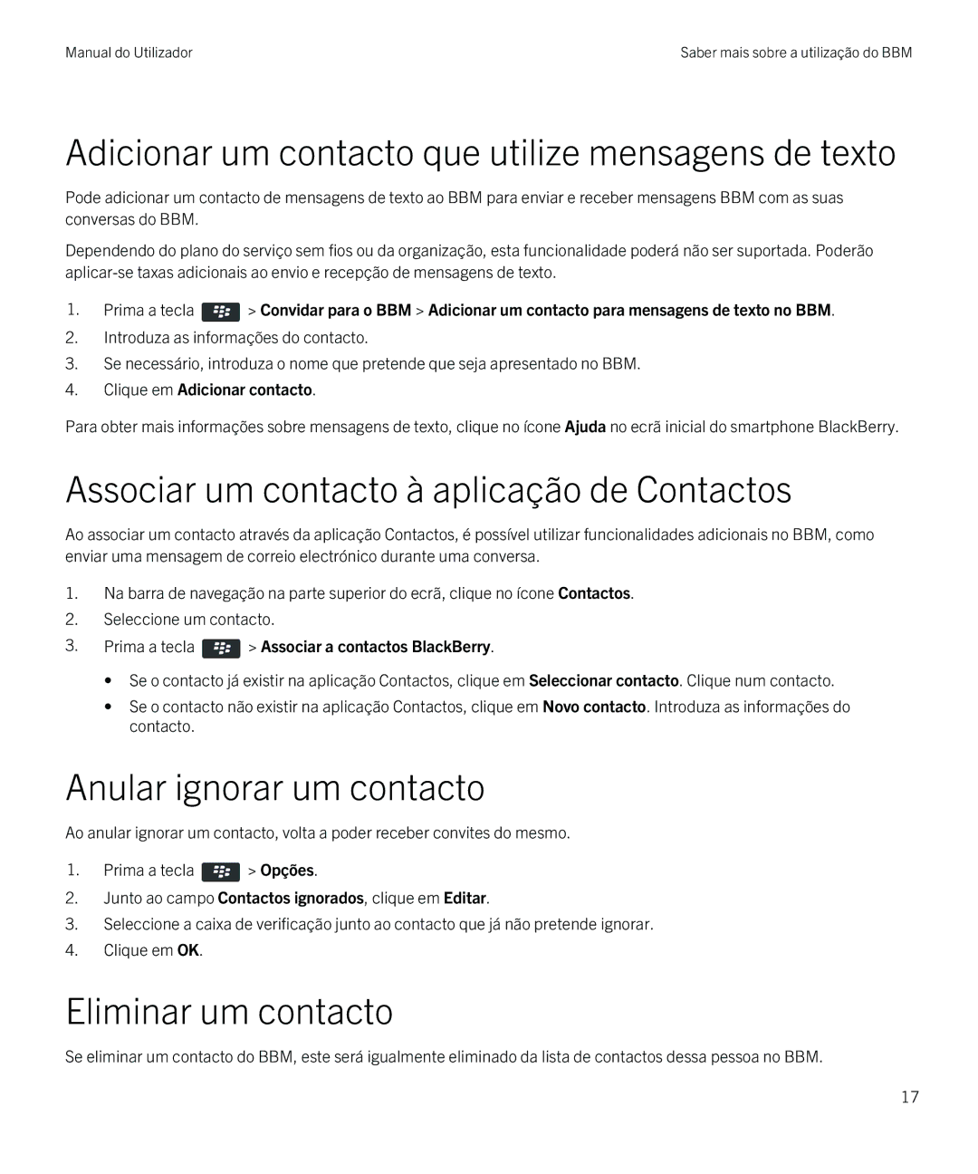 Blackberry 8 Adicionar um contacto que utilize mensagens de texto, Associar um contacto à aplicação de Contactos 