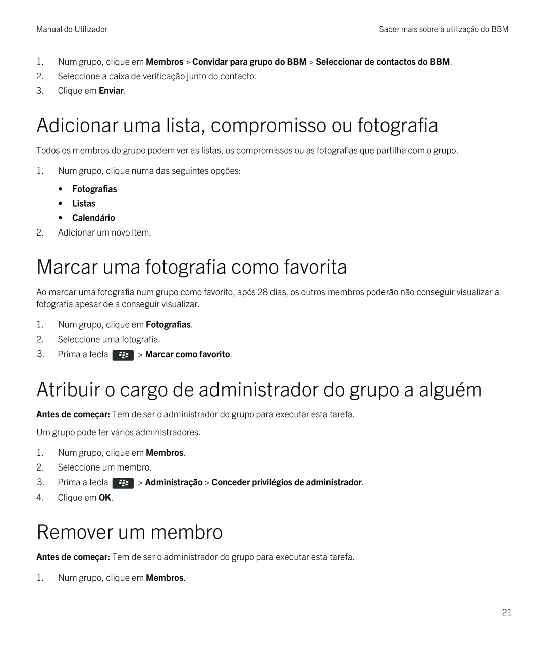 Blackberry 8 Adicionar uma lista, compromisso ou fotografia, Marcar uma fotografia como favorita, Remover um membro 