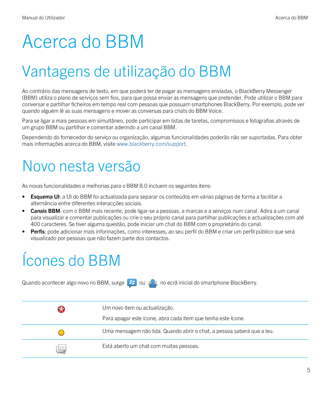 Blackberry 8 manual do utilizador Acerca do BBM, Vantagens de utilização do BBM, Novo nesta versão, Ícones do BBM 