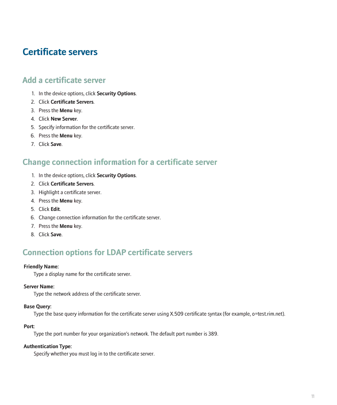 Blackberry 8100 Series Certificate servers, Add a certificate server, Connection options for Ldap certificate servers 