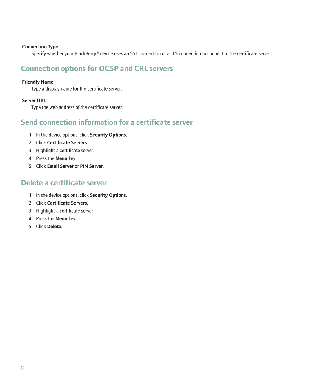 Blackberry 8100 Series Connection options for Ocsp and CRL servers, Send connection information for a certificate server 