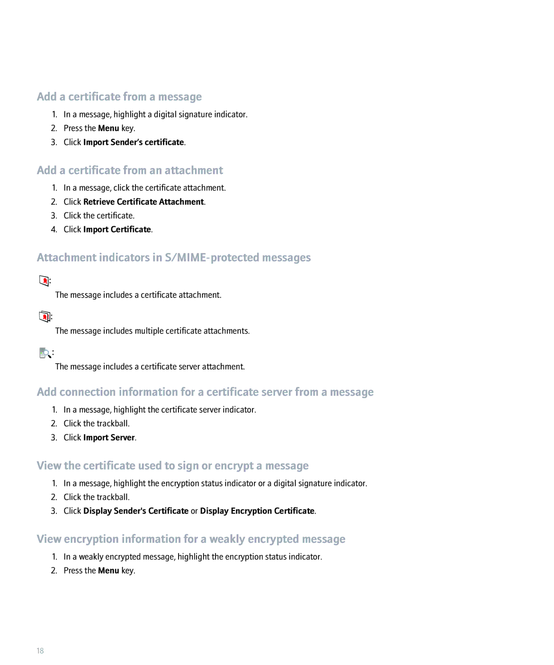 Blackberry 8100 Series manual Add a certificate from a message, Add a certificate from an attachment 