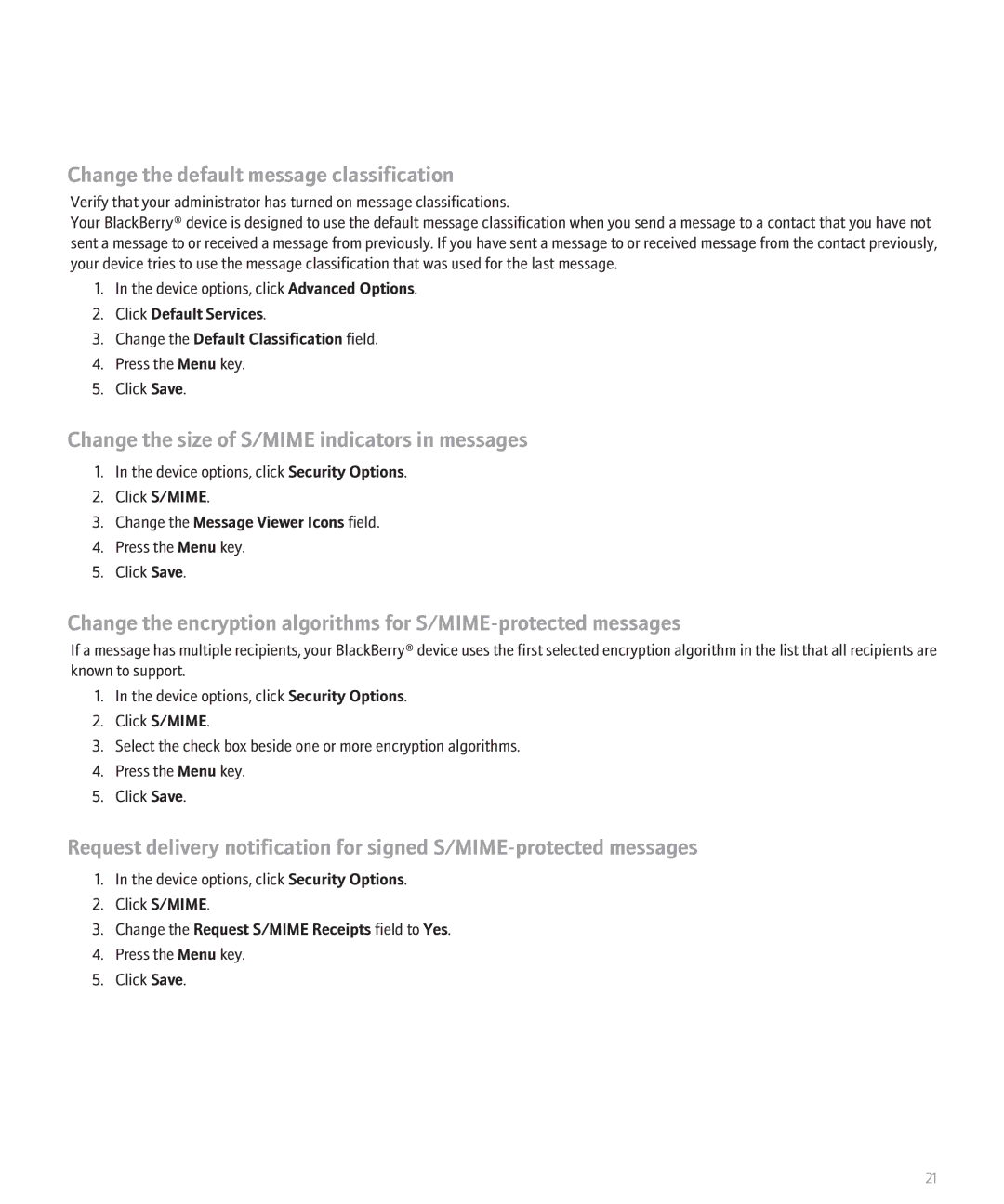 Blackberry 8100 Series manual Change the default message classification, Change the size of S/MIME indicators in messages 