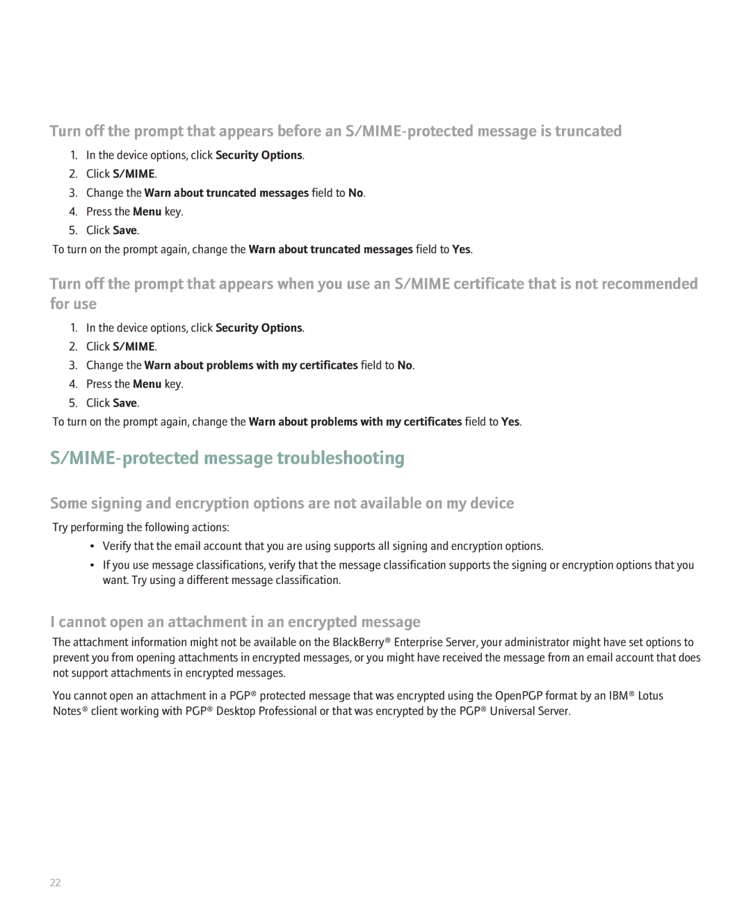 Blackberry 8100 Series manual MIME-protected message troubleshooting, Cannot open an attachment in an encrypted message 