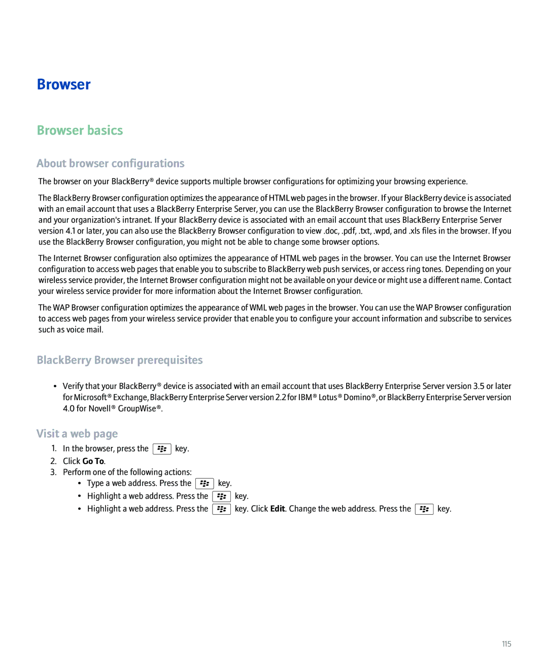 Blackberry 8100 manual Browser basics, About browser configurations, BlackBerry Browser prerequisites, Visit a web 