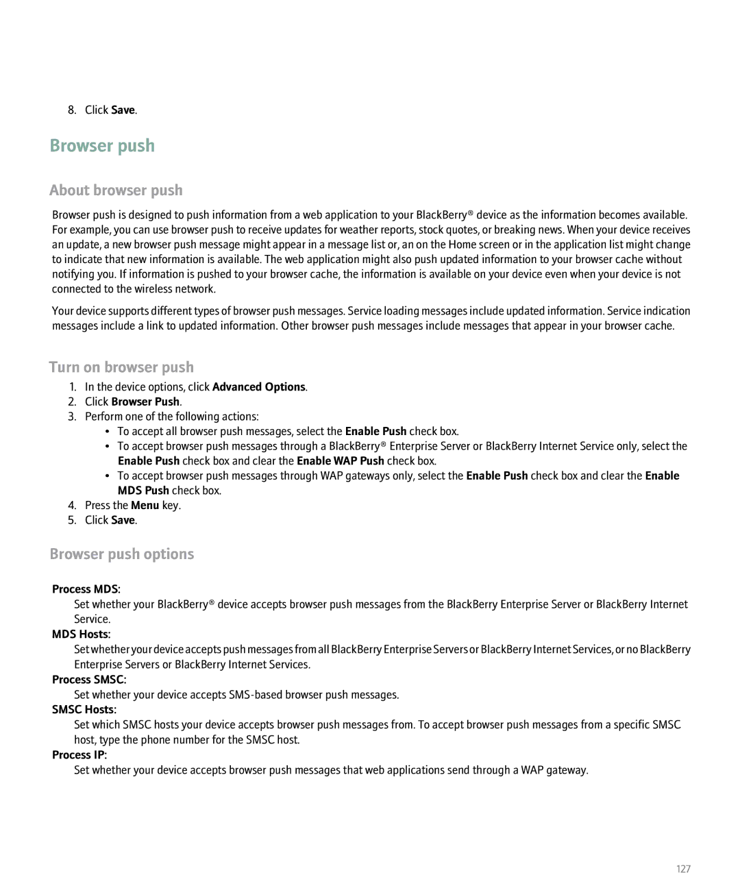 Blackberry 8100 manual About browser push, Turn on browser push, Browser push options 