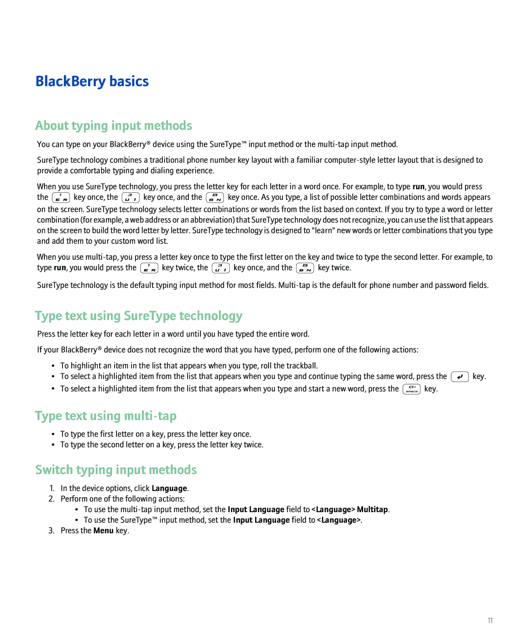 Blackberry 8100 manual BlackBerry basics, About typing input methods, Type text using SureType technology 