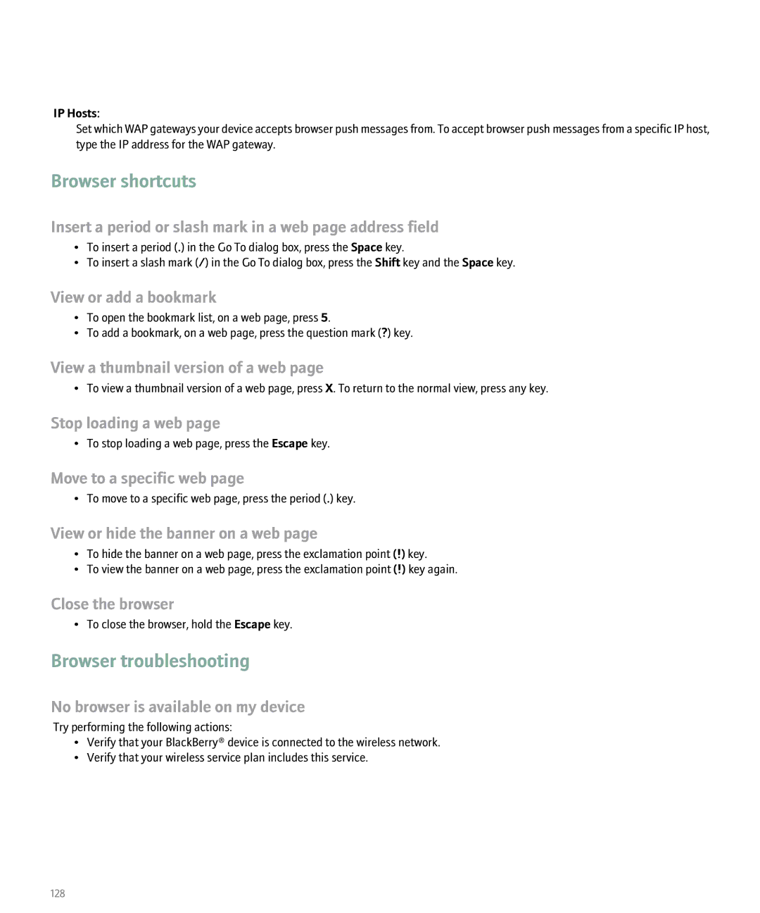 Blackberry 8100 manual Browser troubleshooting, No browser is available on my device, IP Hosts 