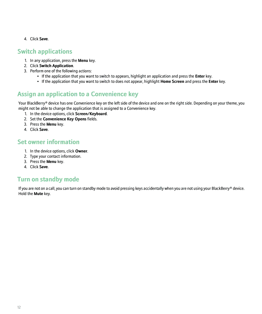 Blackberry 8100 manual Switch applications, Assign an application to a Convenience key, Set owner information 
