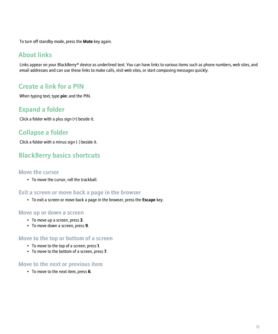 Blackberry 8100 About links, Create a link for a PIN, Expand a folder, Collapse a folder, BlackBerry basics shortcuts 