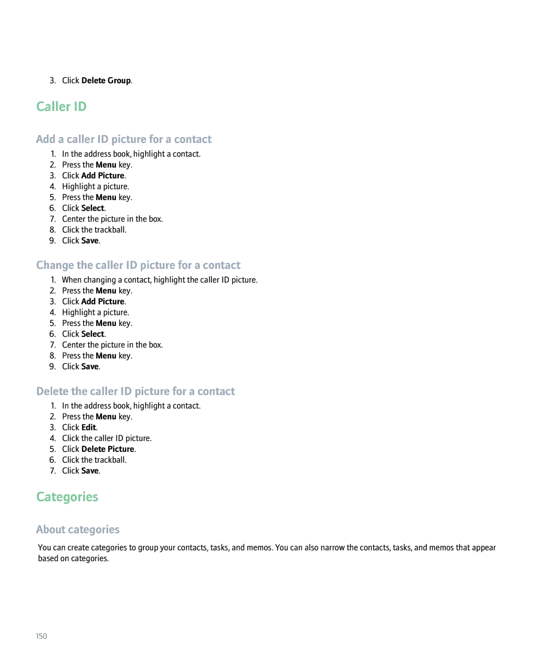 Blackberry 8100 manual Categories, About categories, Click Delete Group 