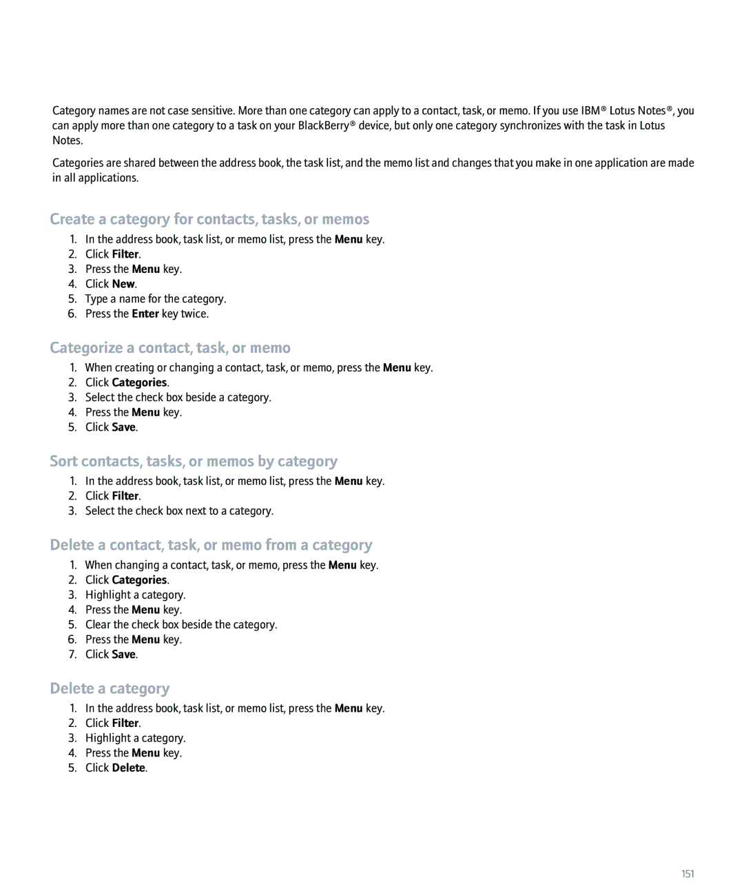 Blackberry 8100 Create a category for contacts, tasks, or memos, Categorize a contact, task, or memo, Delete a category 