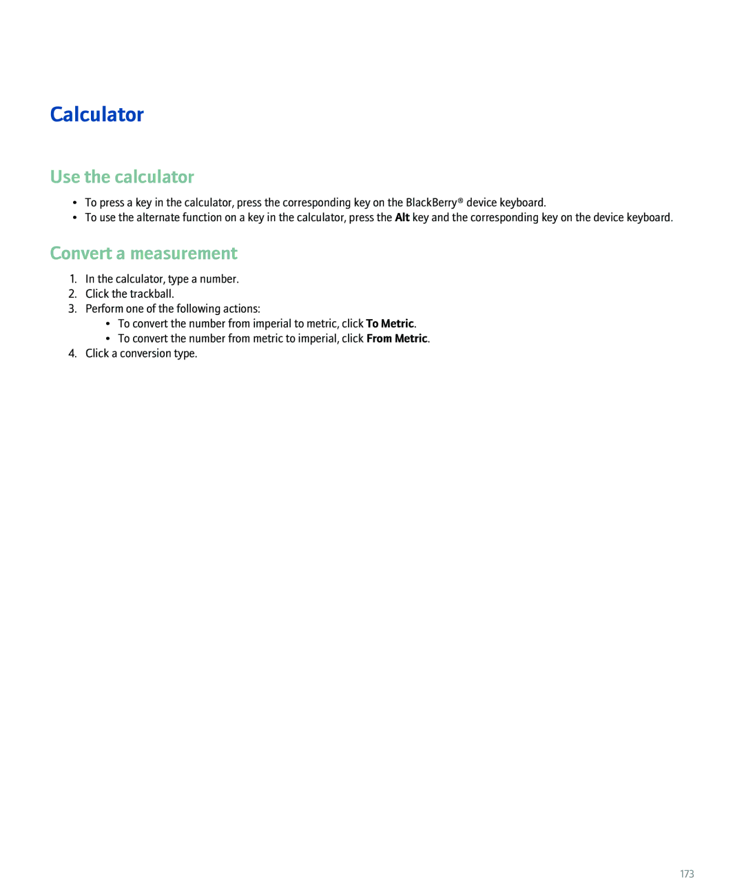 Blackberry 8100 manual Calculator, Use the calculator, Convert a measurement 