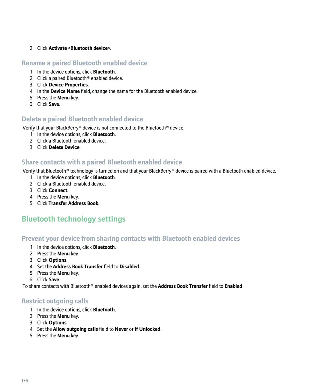 Blackberry 8100 manual Bluetooth technology settings, Rename a paired Bluetooth enabled device, Restrict outgoing calls 