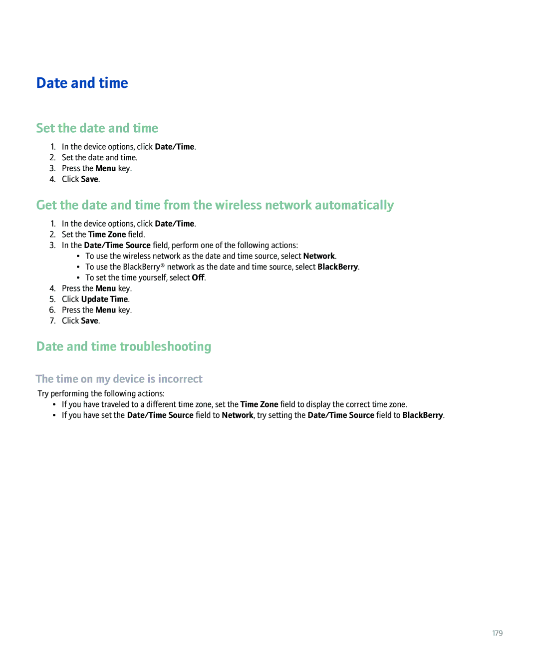 Blackberry 8100 manual Set the date and time, Date and time troubleshooting, Time on my device is incorrect 