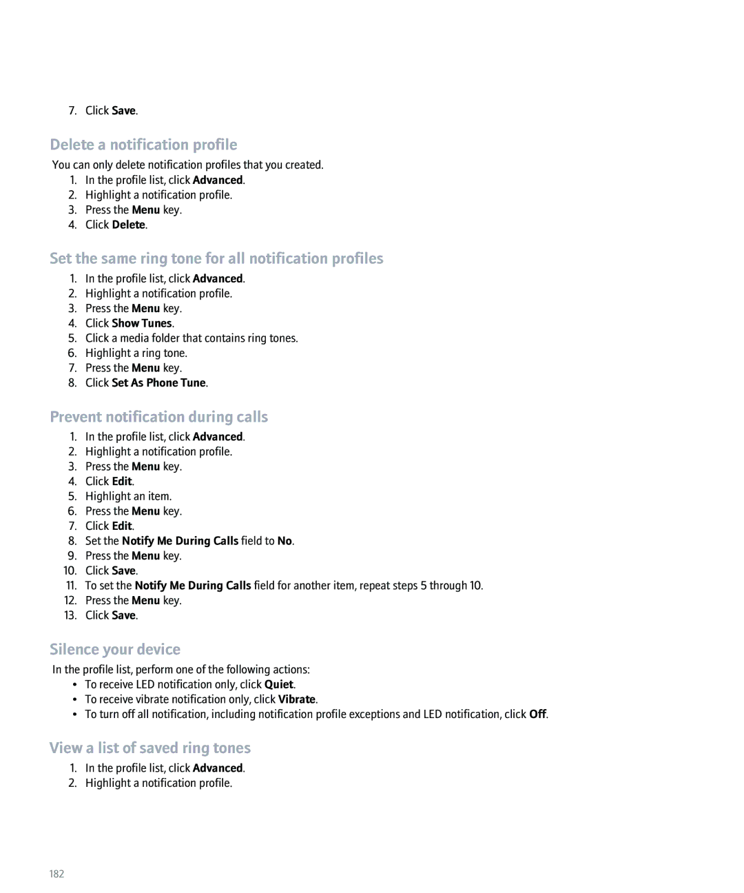 Blackberry 8100 Delete a notification profile, Set the same ring tone for all notification profiles, Silence your device 