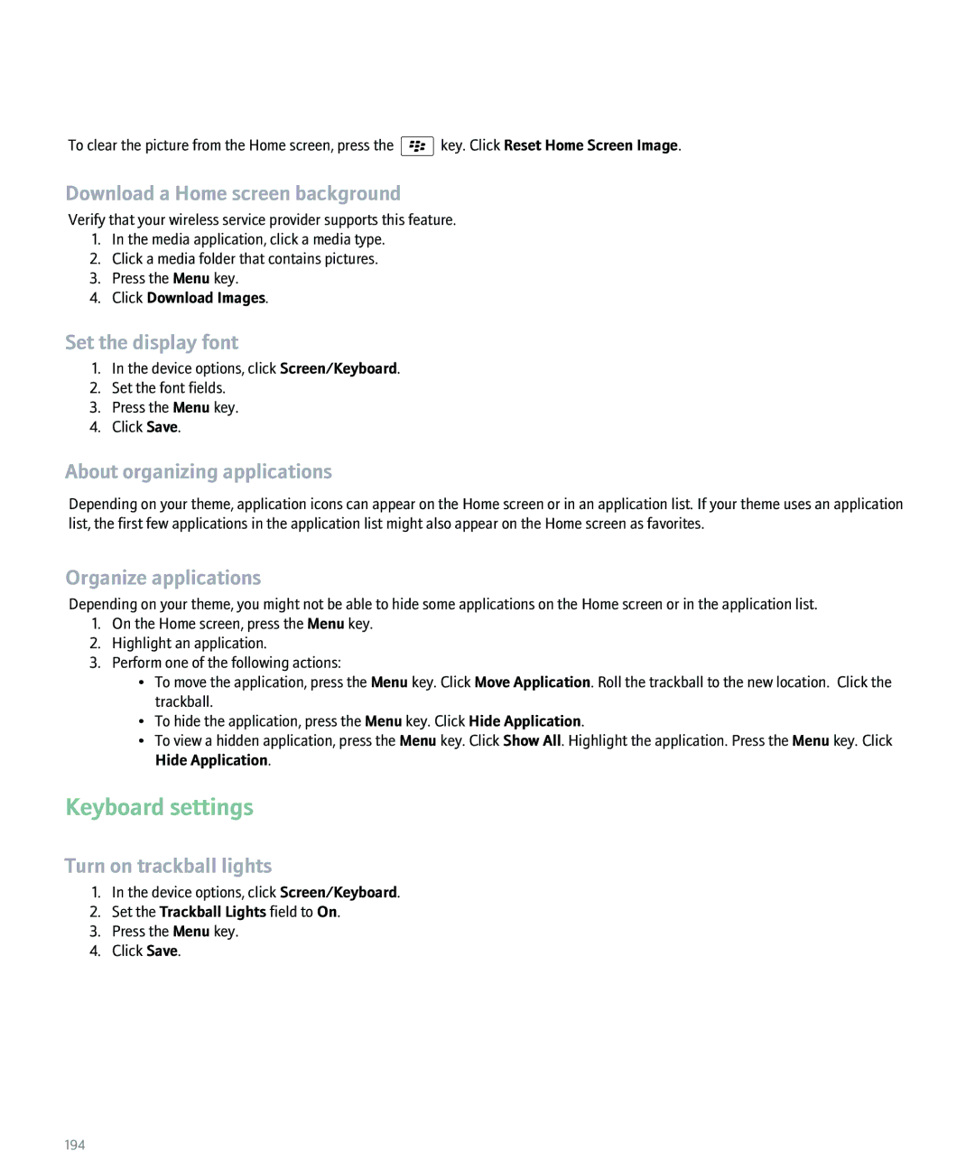 Blackberry 8100 manual Keyboard settings, Set the display font, About organizing applications, Organize applications 