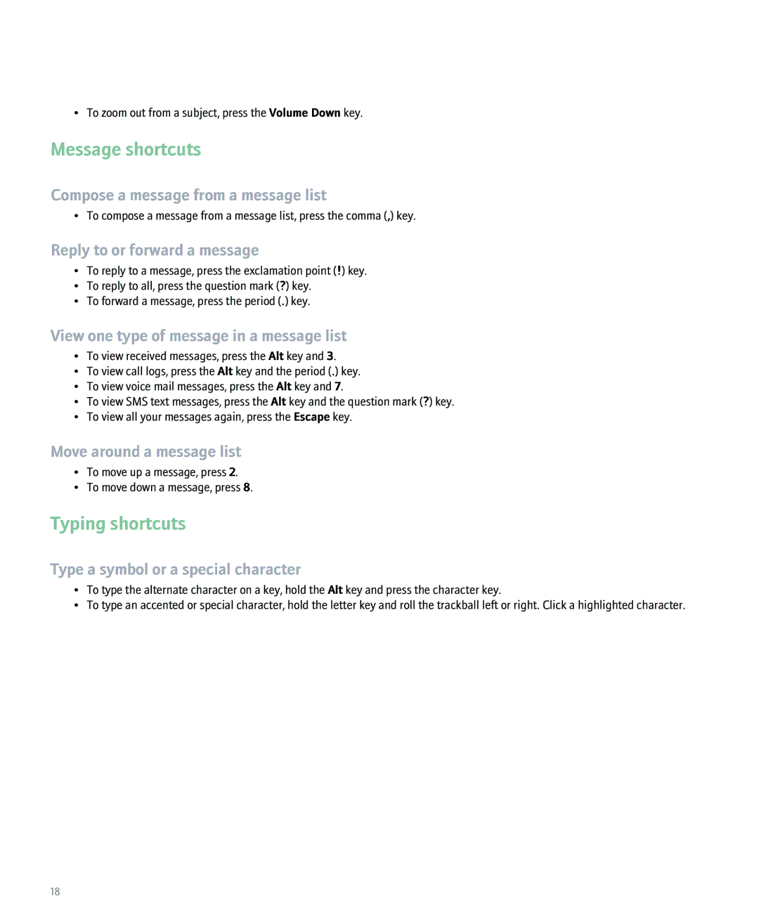 Blackberry 8100 manual Message shortcuts, Typing shortcuts 