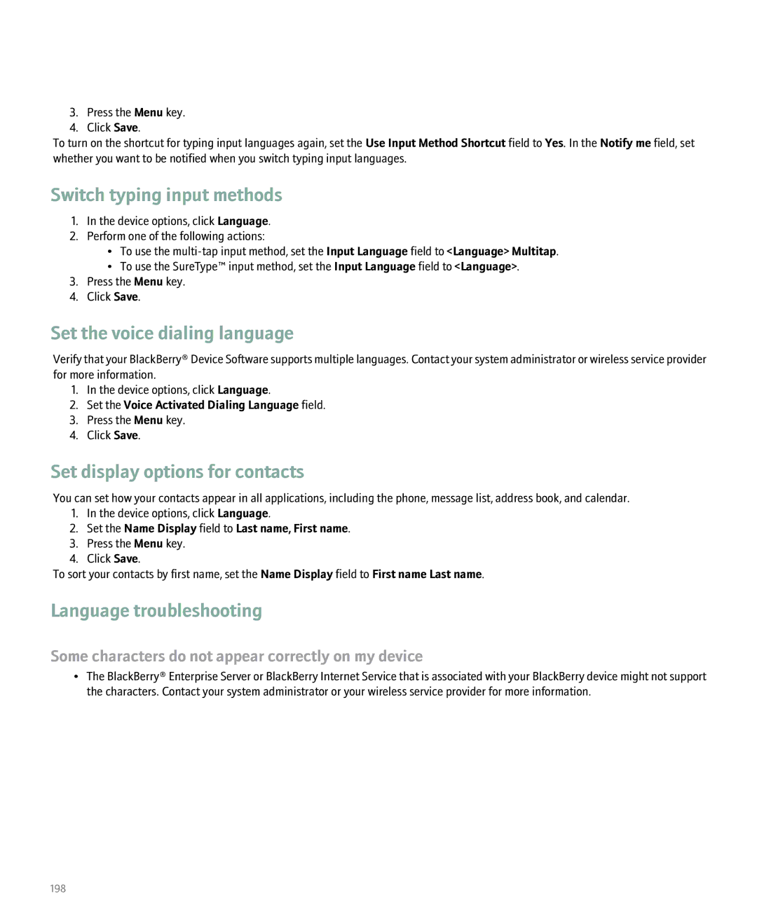 Blackberry 8100 manual Set display options for contacts, Language troubleshooting 